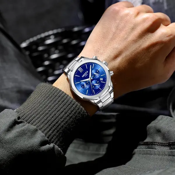 Nibosi 2519 Stainless Steel Quartz Chronograph Fashionable Men's Watch – Dial Color: Blue, Strap Color: Silver – View 3