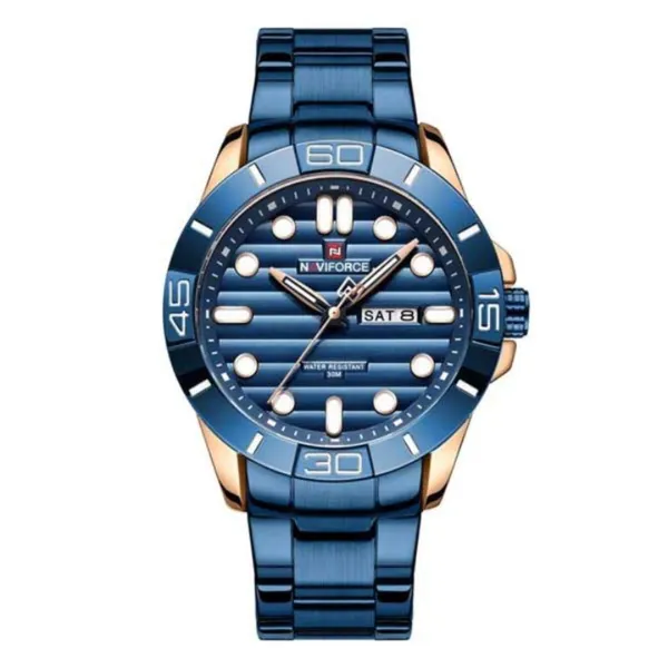 NAVIFORCE 9198 Casual Sport Luxury Steel Men's Watch – Dial Color: Blue, Strap Color: Blue – View 1