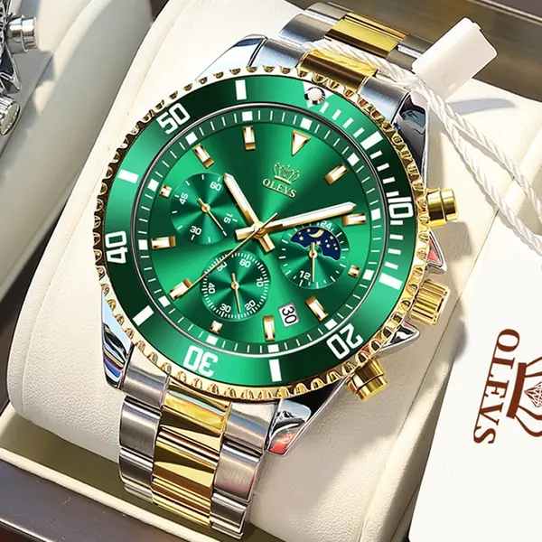 OLEVS 2870 Luxury Whiteshine Luminous Chronograph Analog Wristwatch for Men – Dial Color: Green, Strap Color: White Gold – View 9