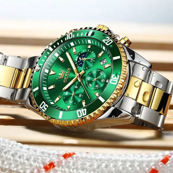 OLEVS 2870 Luxury Whiteshine Luminous Chronograph Analog Wristwatch for Men – Dial Color: Green, Strap Color: White Gold – View 10