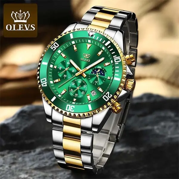 OLEVS 2870 Luxury Whiteshine Luminous Chronograph Analog Wristwatch for Men – Dial Color: Green, Strap Color: White Gold – View 8