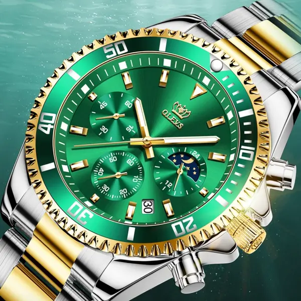 OLEVS 2870 Luxury Whiteshine Luminous Chronograph Analog Wristwatch for Men – Dial Color: Green, Strap Color: White Gold – View 4