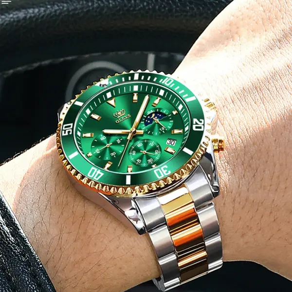 OLEVS 2870 Luxury Whiteshine Luminous Chronograph Analog Wristwatch for Men – Dial Color: Green, Strap Color: White Gold – View 7