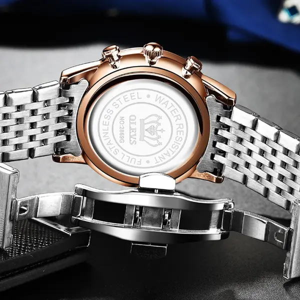 OLEVS 2869 Stainless Steel Chain Multifunctional Waterproof Luminous Men's Watch – Dial Color: Black, Strap Color: Rose Gold – View 4