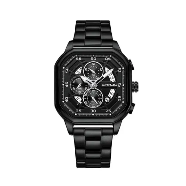 CRRJU 2314 Stainless Steel Square Dial Quartz Luxury Fashion Men's Watch – Dial Color: Black, Strap Color: Black – View 1