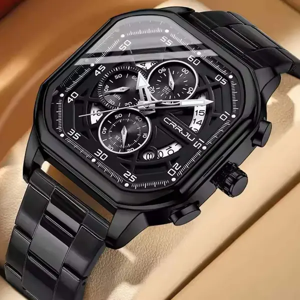 CRRJU 2314 Stainless Steel Square Dial Quartz Luxury Fashion Men's Watch – Dial Color: Black, Strap Color: Black – View 2