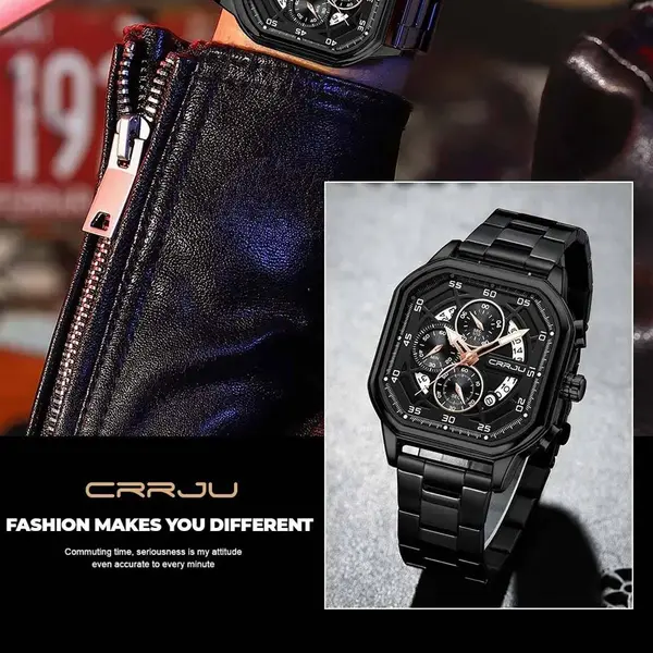 CRRJU 2314 Stainless Steel Square Dial Quartz Luxury Fashion Men's Watch – Dial Color: Black, Strap Color: Black – View 3