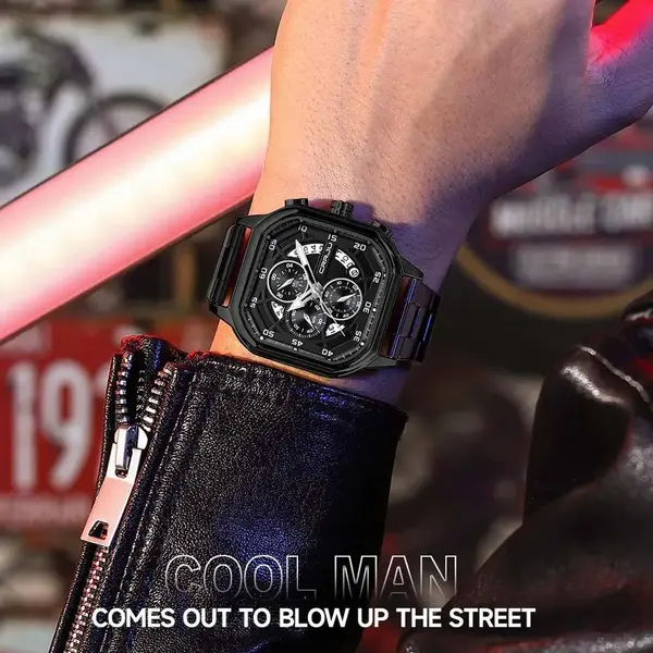 CRRJU 2314 Stainless Steel Square Dial Quartz Luxury Fashion Men's Watch – Dial Color: Black, Strap Color: Black – View 4
