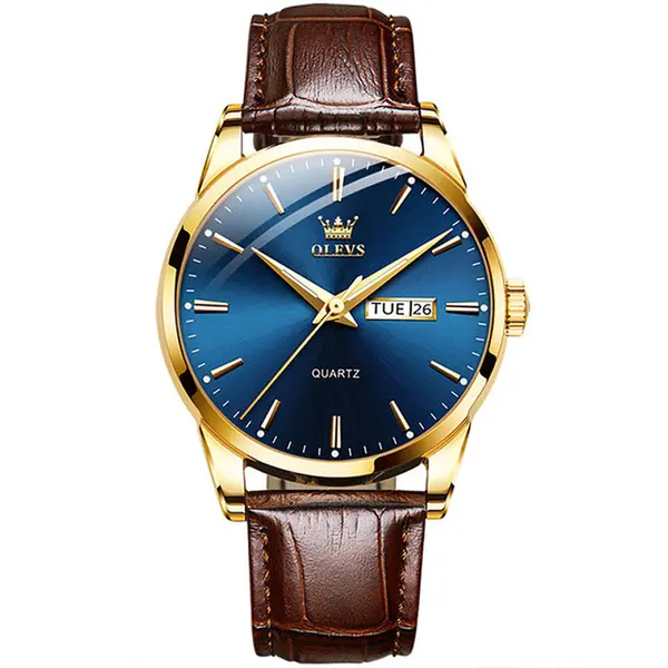 OLEVS 6898 Valentine's Calendar Display Leather Strap Couple's Quartz Watch – Dial Color: Blue Gold, Strap Color:  Brown  – View 1