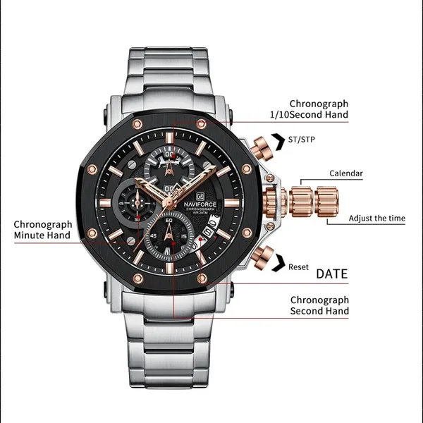 Naviforce 8065 CH Stainless Steel Casual & Sport Men's Watch – Dial Color: Rose, Strap Color: Silver – View 2