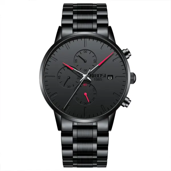 Nibosi 2588 Luxury Stainless Steel Waterproof Men's Watch – Dial Color: Black, Strap Color: Black – View 1