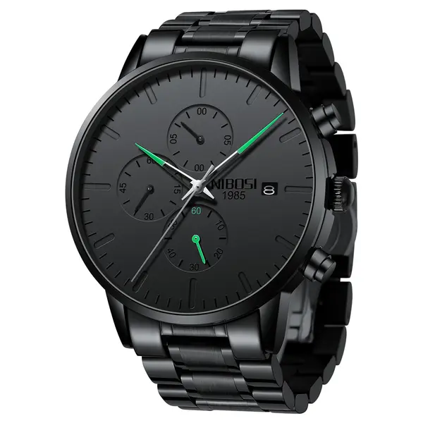Nibosi 2588 Luxury Stainless Steel Waterproof Men's Watch – Dial Color: Black, Strap Color: Black – View 2
