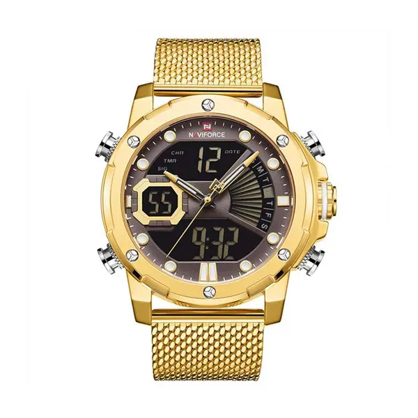 Naviforce NF9172 Stainless Steel Dual Movement Fashion and Casual Men's Watch – Dial Color: Black, Strap Color: Silver – View 1