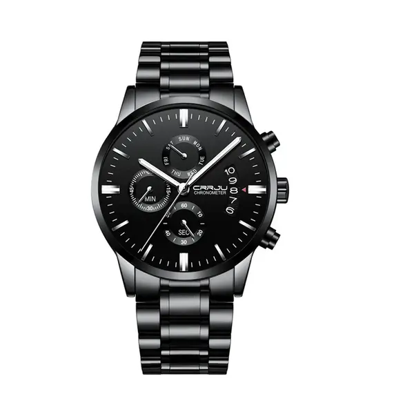 CRRJU 2222 High Quality Stainless Steel Multifunctional Analog Quartz Classic Men's Watch – Dial Color: Black, Strap Color: Gold  – View 1