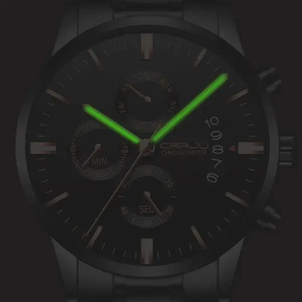 CRRJU 2222 High Quality Stainless Steel Multifunctional Analog Quartz Classic Men's Watch – Dial Color: Black, Strap Color: Gold  – View 2