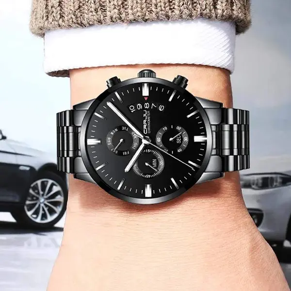 CRRJU 2222 High Quality Stainless Steel Multifunctional Analog Quartz Classic Men's Watch – Dial Color: Black, Strap Color: Gold  – View 3