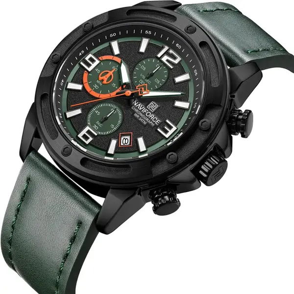 Naviforce 8074 Leather Strap Luminous Chronograph Men Quartz Wristwatch – Dial Color: Green, Strap Color: Green  – View 2