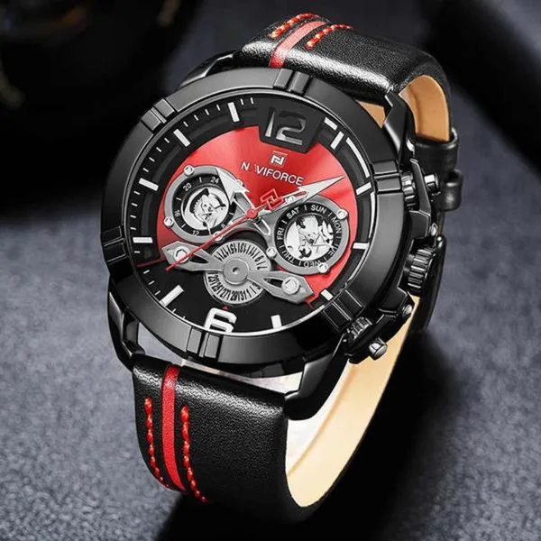 NAVIFORCE NF9168 Leather Strap Luxury Sports Men's Watch – Dial Color: Red, Strap Color: Black – View 3