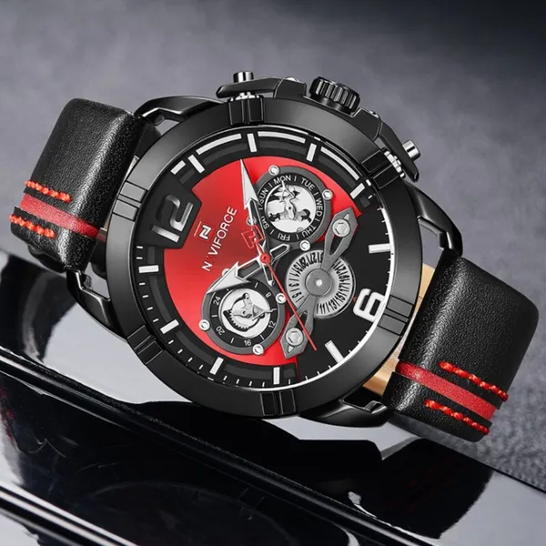 NAVIFORCE NF9168 Leather Strap Luxury Sports Men's Watch – Dial Color: Red, Strap Color: Black – View 4