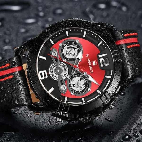NAVIFORCE NF9168 Leather Strap Luxury Sports Men's Watch – Dial Color: Red, Strap Color: Black – View 5