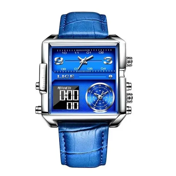 LIGE 8925 Premium Square Dual Time Leather Strap Luxury Men's Watch – Dial Color: Blue, Strap Color: Blue – View 1