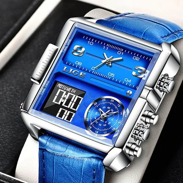 LIGE 8925 Premium Square Dual Time Leather Strap Luxury Men's Watch – Dial Color: Blue, Strap Color: Blue – View 2