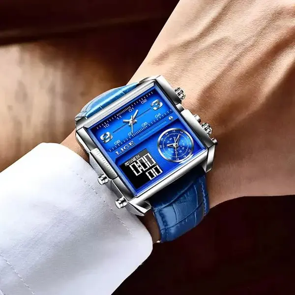 LIGE 8925 Premium Square Dual Time Leather Strap Luxury Men's Watch – Dial Color: Blue, Strap Color: Blue – View 3