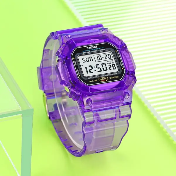 SKMEI 1999 Dual Time Chronograph PU Leather Kid's Watch – Dial Color: White, Strap Color: Purple – View 2