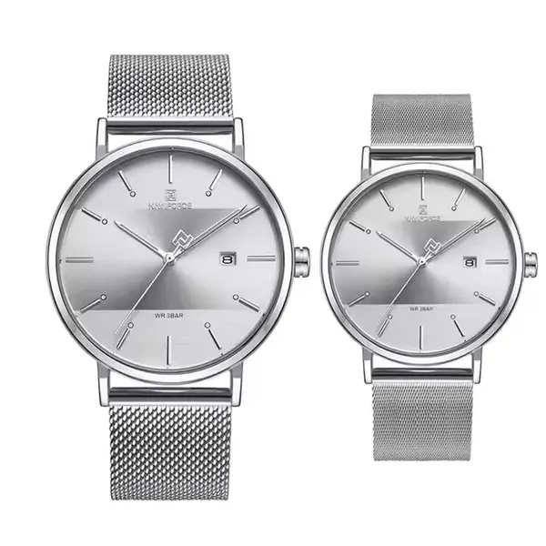 Naviforce NF3008 High Quality Stainless Steel Classic Quartz Fashion Couple's Watch – Dial Color: Silver, Strap Color: Silver – View 1