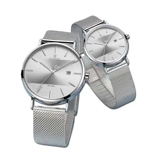 Naviforce NF3008 High Quality Stainless Steel Classic Quartz Fashion Couple's Watch – Dial Color: Silver, Strap Color: Silver – View 2
