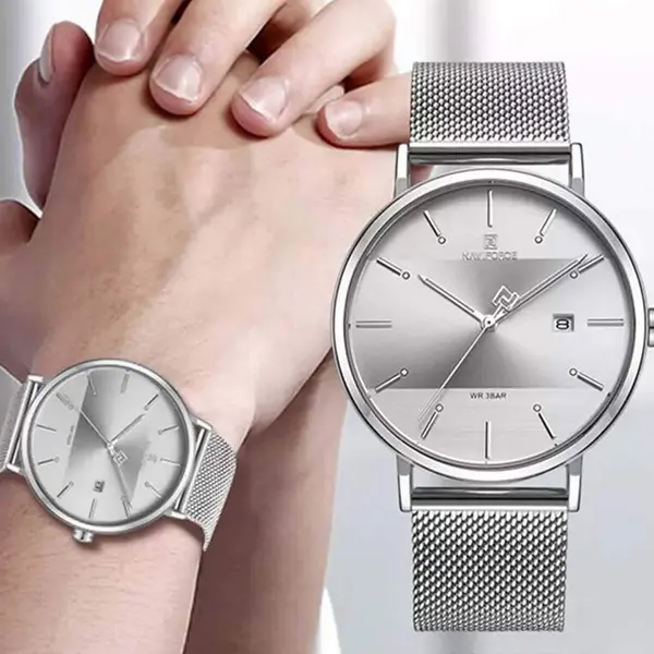 Naviforce NF3008 High Quality Stainless Steel Classic Quartz Fashion Couple's Watch – Dial Color: Silver, Strap Color: Silver – View 3