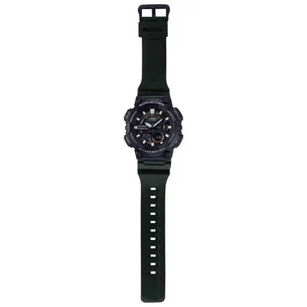 Casio AEQ-110W-1A2V Youth Telememo World Time Analog-Digital Sports Watch  – Dial Color: Black, Strap Color: Green  – View 2