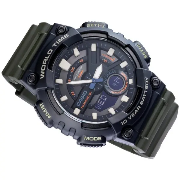 Casio AEQ-110W-1A2V Youth Telememo World Time Analog-Digital Sports Watch  – Dial Color: Black, Strap Color: Green  – View 3