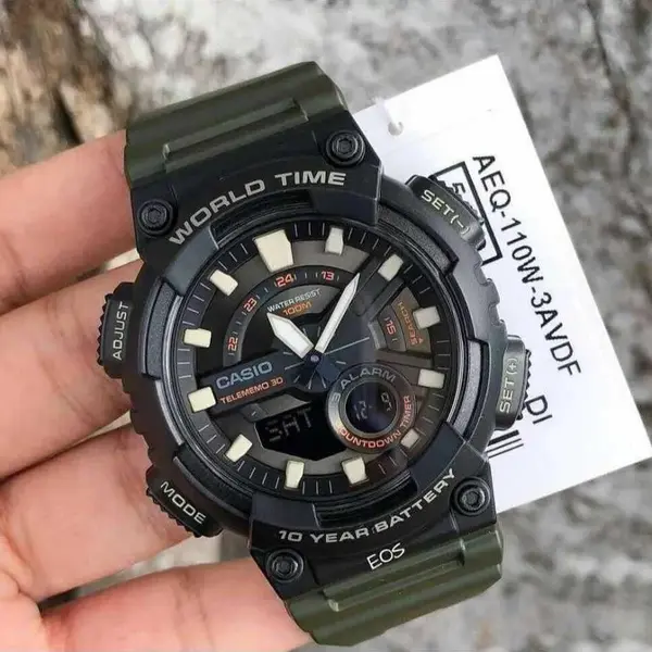 Casio AEQ-110W-1A2V Youth Telememo World Time Analog-Digital Sports Watch  – Dial Color: Black, Strap Color: Green  – View 6