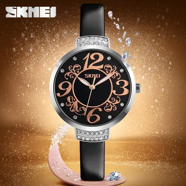 Skmei 9160 Genuine Leather Multi-Color Fashion Women Wrist Watch – Dial Color: Black, Strap Color: Black – View 3