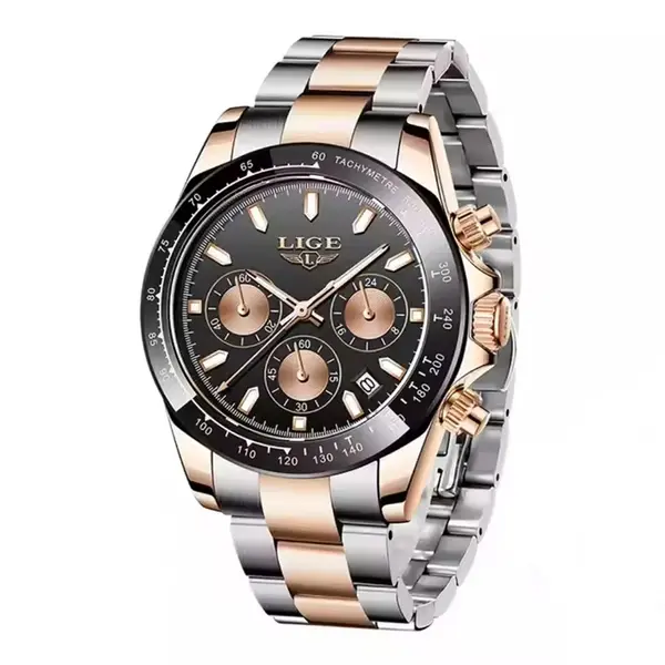 LIGE 8937 Premium Analog Stainless Steel Luxury Men's Watch – Dial Color: Black, Strap Color: Rose – View 1