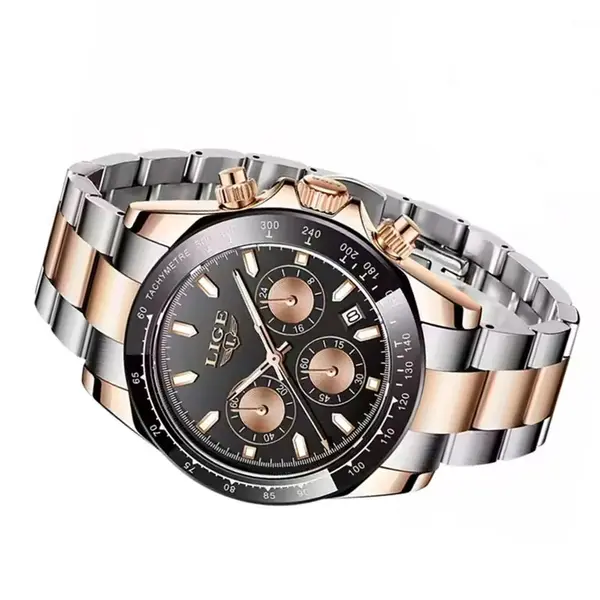LIGE 8937 Premium Analog Stainless Steel Luxury Men's Watch – Dial Color: Black, Strap Color: Rose – View 2