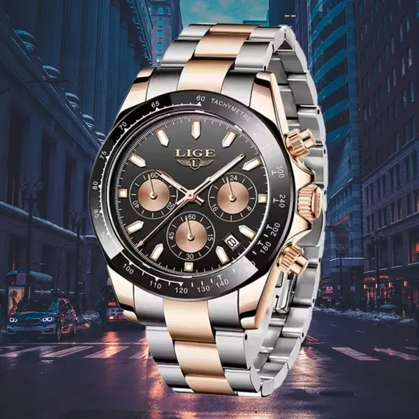 LIGE 8937 Premium Analog Stainless Steel Luxury Men's Watch – Dial Color: Black, Strap Color: Rose – View 3