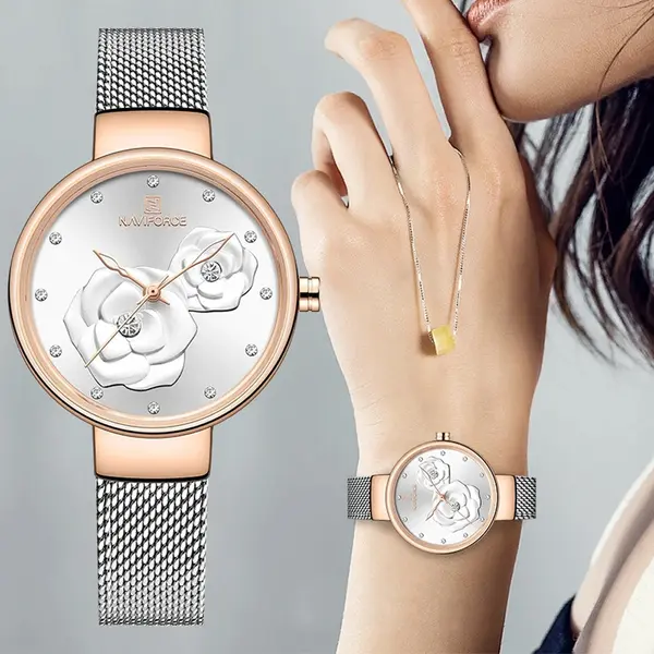 NAVIFORCE NF5013 Mesh Stainless Steel Analog Watch For Women – Dial Color: Silver, Strap Color: Silver – View 3