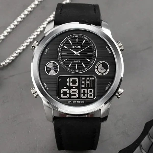 Skmei 1653 Digital Water Resistant Leather Analog Quartz Men's Watch – Dial Color: Silver, Strap Color: Black – View 3