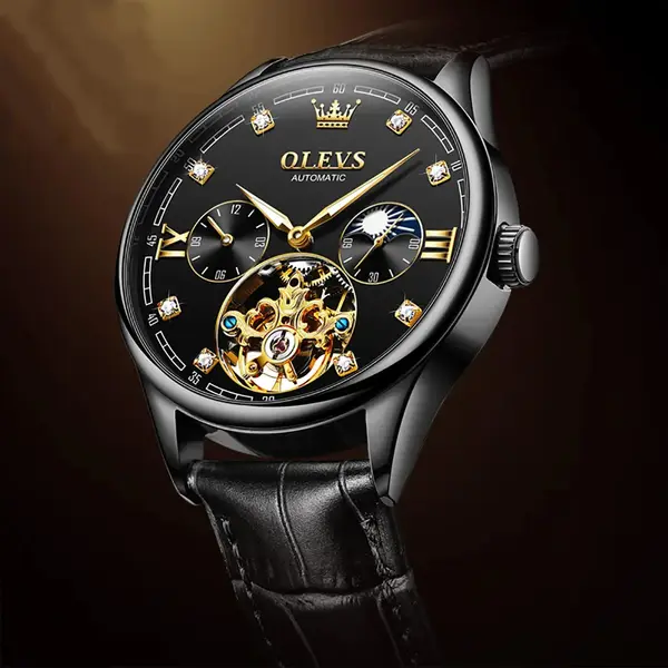 OLEVS 3601 Business Tourbillon Hollow Skeleton Waterproof Luminous Men's Watch – Dial Color: Black, Strap Color: Black – View 3