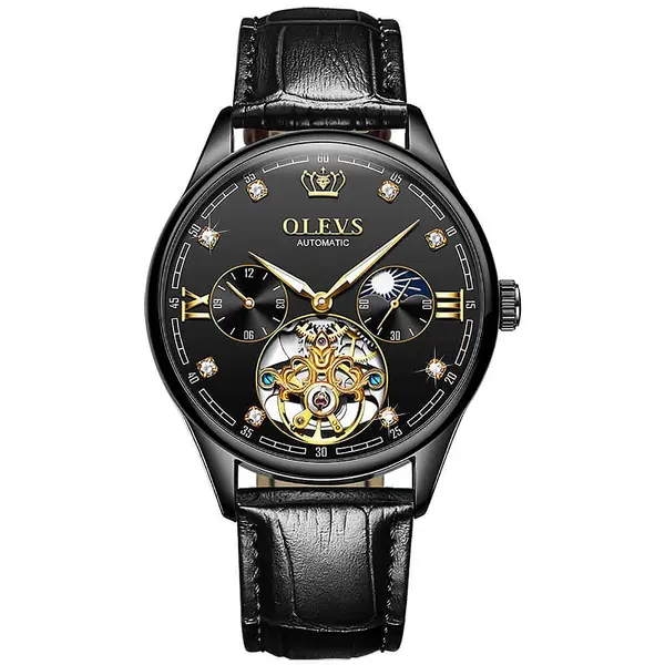 OLEVS 3601 Business Tourbillon Hollow Skeleton Waterproof Luminous Men's Watch – Dial Color: Black, Strap Color: Black – View 1