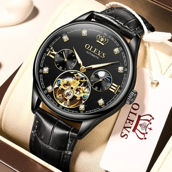 OLEVS 3601 Business Tourbillon Hollow Skeleton Waterproof Luminous Men's Watch – Dial Color: Black, Strap Color: Black – View 4