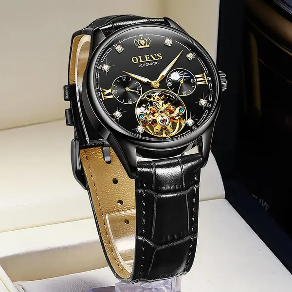 OLEVS 3601 Business Tourbillon Hollow Skeleton Waterproof Luminous Men's Watch – Dial Color: Black, Strap Color: Black – View 2