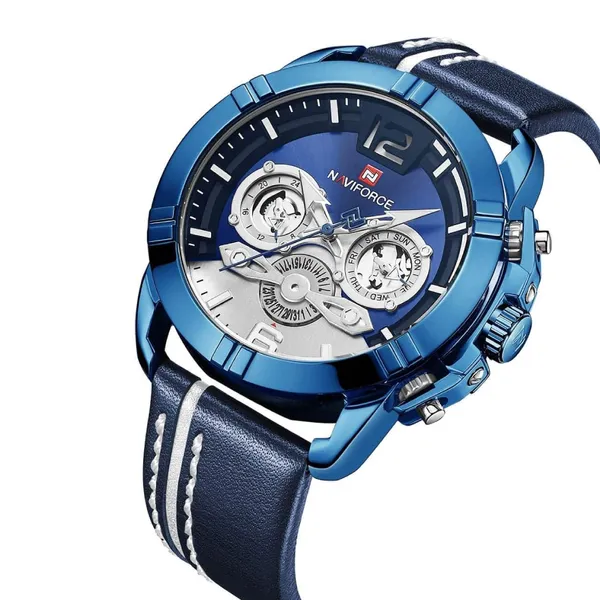 NAVIFORCE NF9168 Leather Strap Luxury Sports Men's Watch – Dial Color: Blue, Strap Color: Blue – View 2