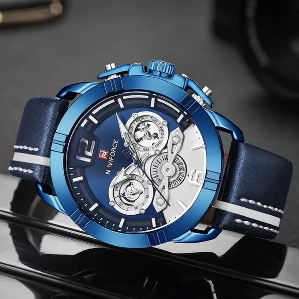 NAVIFORCE NF9168 Leather Strap Luxury Sports Men's Watch – Dial Color: Blue, Strap Color: Blue – View 3