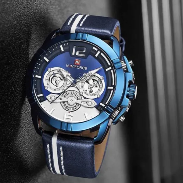 NAVIFORCE NF9168 Leather Strap Luxury Sports Men's Watch – Dial Color: Blue, Strap Color: Blue – View 4