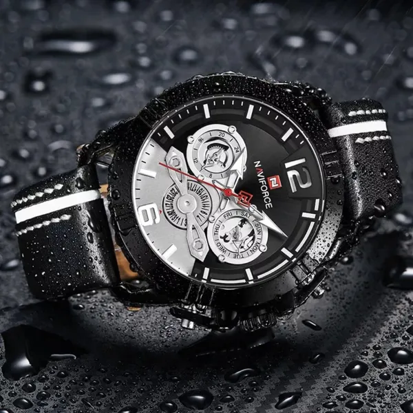 NAVIFORCE NF9168 Leather Strap Luxury Sports Men's Watch – Dial Color: Black, Strap Color: Black – View 3