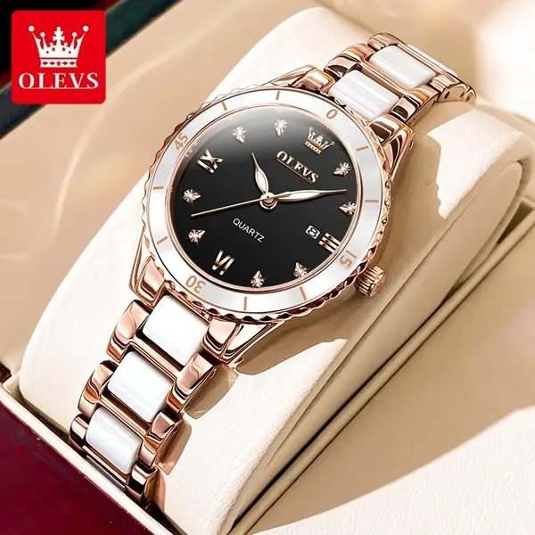 Olevs 9985 Stainless Steel Analog Wrist Watch For Women – Dial Color: Black, Strap Color:  Brown  – View 3