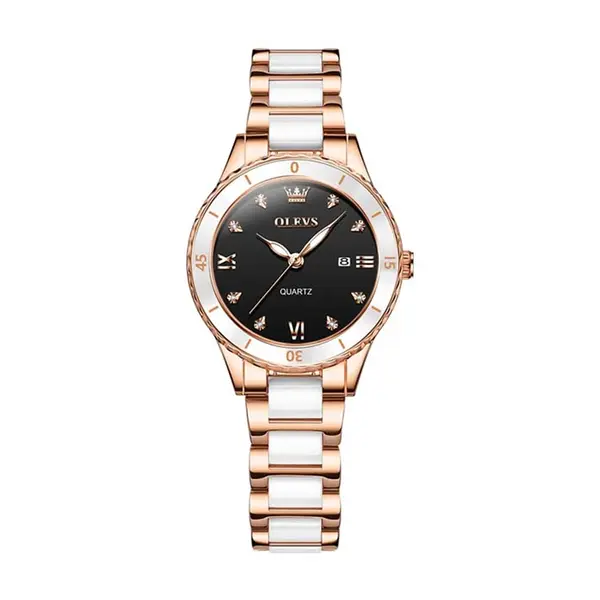 Olevs 9985 Stainless Steel Analog Wrist Watch For Women – Dial Color: Black, Strap Color:  Brown  – View 1